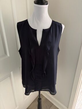 Ann Taylor Navy Sleeveless Ruffle Front Camisole
